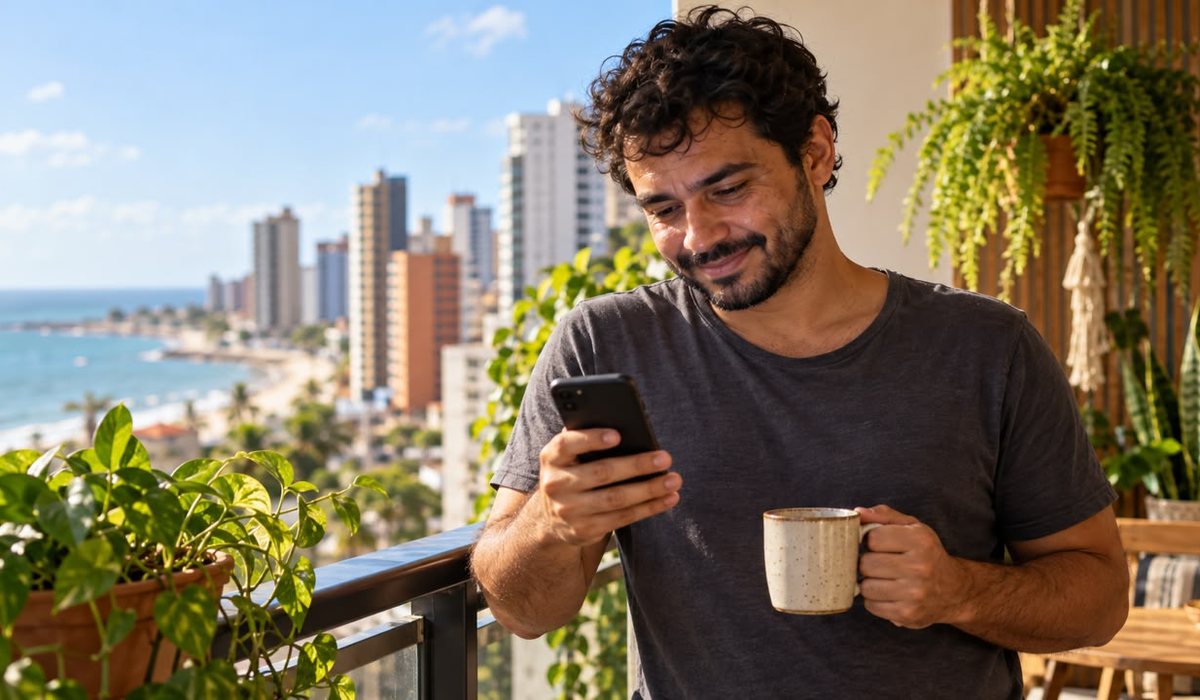 Homem tranquilo na varanda, de manhã, sorrindo para o celular com a conta funcionando